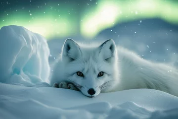Poster A serene arctic fox resting on the snow, surrounded by a magical winter landscape under the enchanting northern lights.