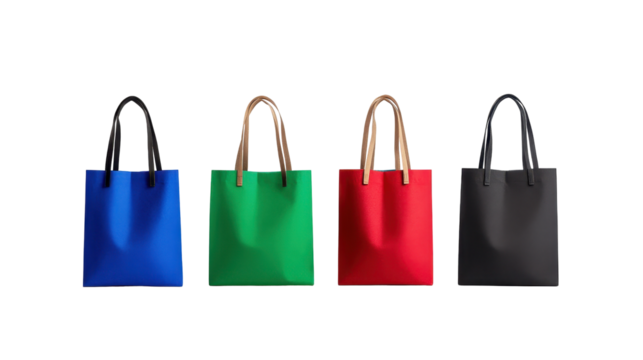 Colorful tote bags in various shades displayed. transparent background
