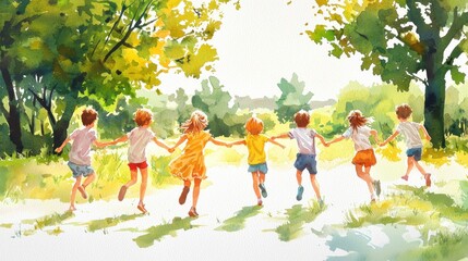 Children joyfully running together in a sunny park, embracing nature and friendship in a vibrant, carefree atmosphere.