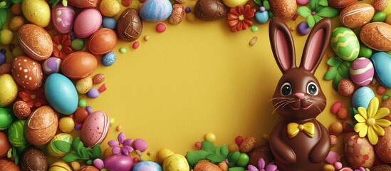 Easter greeting card design with colorful candy border, chocolate bunny, and decorative eggs on a cheerful yellow background.