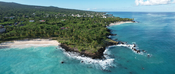 Beach, palm trees and volcanic rocks, Mitsamiouli, Grande Comore, Comoros