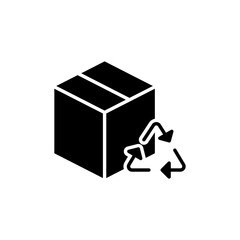 Recycled product packaging icon. Simple solid style. Recycle triangle, cardboard box, seal, cycle, packaging, environmental concept. Black silhouette, glyph symbol. Vector illustration isolated.