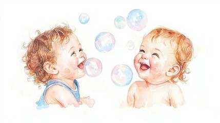 Two joyful babies laughing and playing with colorful bubbles, capturing the essence of childhood delight and happiness.