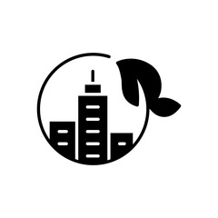 Green city icon. Simple solid style. Nature, business, house, tree, landscape, construction, building, leaf, environment concept. Black silhouette, glyph symbol. Vector illustration isolated.