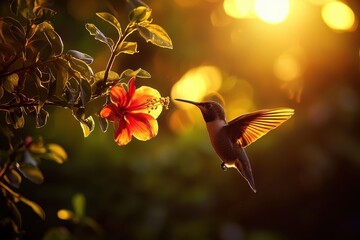 A vibrant hummingbird hovering near a blooming flower during sunset, capturing the beauty of nature and wildlife in perfect harmony.