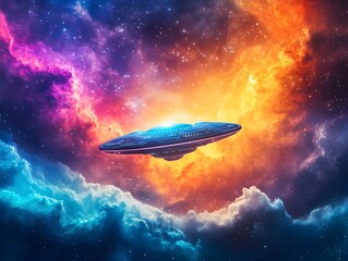 Obraz premium A vintage retro-style spaceship floating in a vibrant cosmic background, surrounded by stars and glowing nebulae in space.