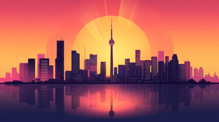 Obraz premium A flat vector of a modern skyline with a vibrant gradient sunset, emphasizing clean lines and symmetry.