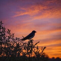 A swallow’s silhouette against a vivid orange and purple sunset sky.