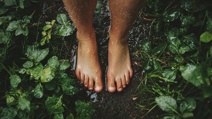 Close-up of bare feet standing on wet ground surrounded by lush greenery, evoking connection with nature and outdoor relaxation.