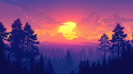 Obraz premium Serene sunset over a forest landscape with vibrant clouds and silhouettes of pine trees creating a tranquil evening atmosphere.