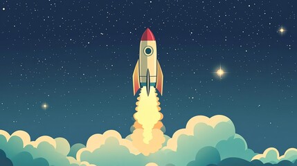 Fototapeta premium A simple rocket blasting off from Earth, leaving behind a trail of smoke and stars, great for sci-fi or motivational themes. 
