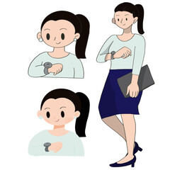 Color illustration of a working woman looking at a watch, full body and upper body