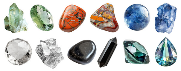 Collection set of gemstone mineral rocks crystal semi-precious stones, transparent cutout PNG. Jasper, Jet, Herderite, Jeremejevite, Kornerupine, Kurnakovite. Many style. Mockup template for design	
