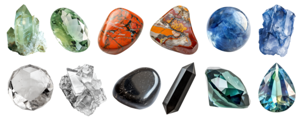 Collection set of gemstone mineral rocks crystal semi-precious stones, transparent cutout PNG. Jasper, Jet, Herderite, Jeremejevite, Kornerupine, Kurnakovite. Many style. Mockup template for design	
