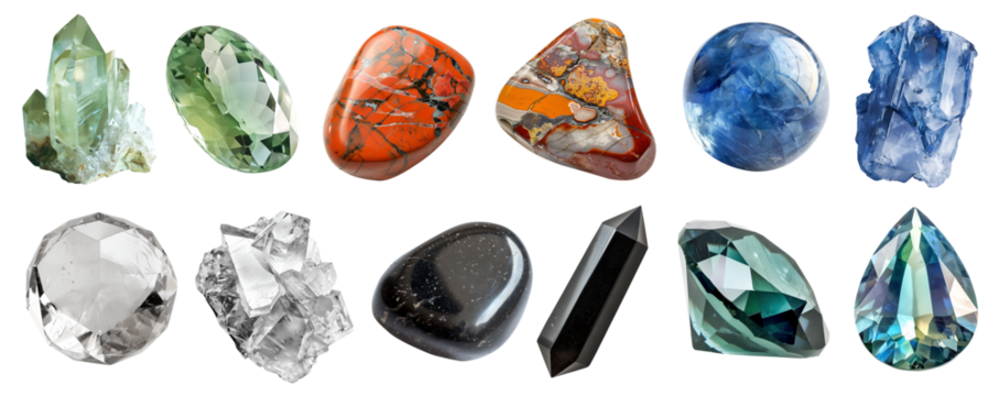 Collection set of gemstone mineral rocks crystal semi-precious stones, transparent cutout PNG. Jasper, Jet, Herderite, Jeremejevite, Kornerupine, Kurnakovite. Many style. Mockup template for design	
