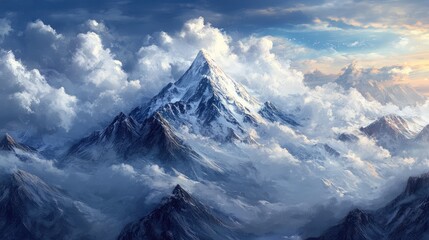 Majestic mountain peak shrouded in dramatic white clouds under a breathtaking blue sky at sunset.