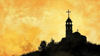 Silhouette of a church tower with a cross atop against a vibrant sunset sky and rolling hill landscape.