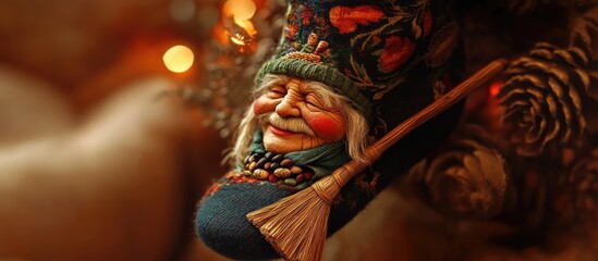 Epiphany sock featuring a broom and an elderly woman's face symbolizing Italian tradition of gifts and coal for children on January 5 6