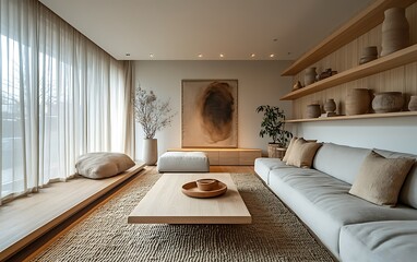 Modern minimalist living room with neutral tones, natural light, wooden flooring, and comfortable seating.