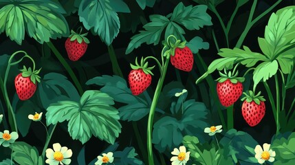 Obraz premium Vibrant wild strawberries growing on lush green plants surrounded by delicate white flowers in a natural setting