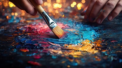 Fototapeta premium Hands holding a paintbrush and painting on a canvas, creating abstract patterns and colorful textures. The image represents artistic talent, creativity, and the process of artistic expression.
