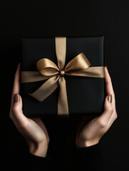 A woman's hands holding a black gift box with a gold bow