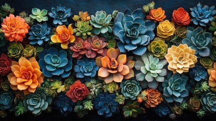 Fototapeta premium Vibrant collection of succulent plants showcasing diverse textures and colors in a visually striking arrangement on a dark background