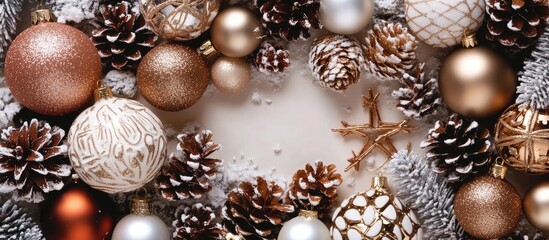 Winter holiday greeting card design featuring pine cones and decorative ornaments on a snow-covered backdrop flat lay view.