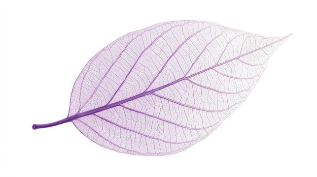 Detailed close-up of intricate leaf veins on a translucent purple leaf showcasing natural patterns and textures on a white background