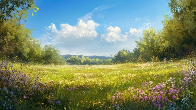 Vibrant meadow filled with blooming thyme and wildflowers under a blue sky and fluffy clouds in a tranquil nature setting