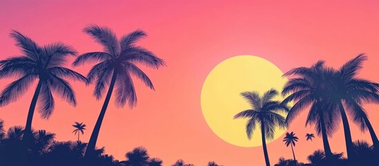Coconut palms silhouetted against a vibrant sunset in a tropical landscape evoking relaxation and natural beauty
