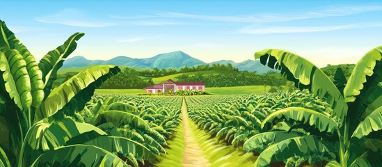 Panoramic landscape showcasing lush banana and coffee farms with vibrant greenery and distant mountains under a clear blue sky