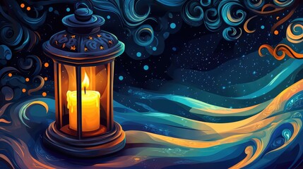 Illuminated ornamental lantern with candlelight creating a warm ambiance ideal for festive greetings during the holy month at night