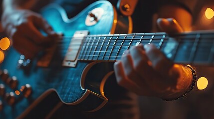 Hands playing a guitar, showcasing musical talent and creative performance. The image represents a music career, concert, rhythm, and acoustic production by an artist or band.