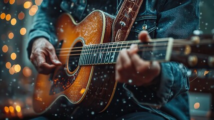 Obraz premium Hands playing a guitar, showcasing musical talent and creative performance. The image represents music playing, concert, rhythm, and acoustic production by an artist or band.