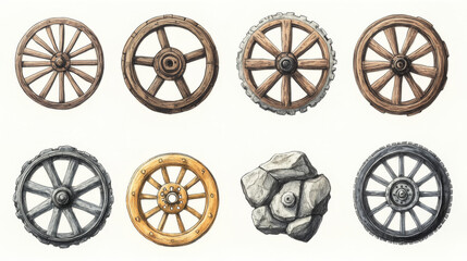 Fototapeta premium Vector hand drawn illustration of the wheel evolution set. Set in ink hand drawn style. stone, antique wooden, spoked, steel, modern alloy wheels