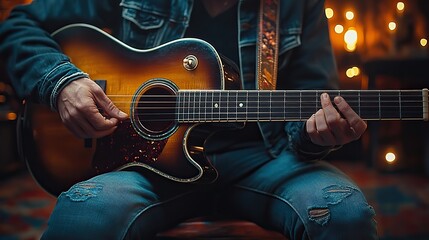 Fototapeta premium Hands playing a guitar, showcasing musical talent and creative performance. The image represents music playing, concert, rhythm, and acoustic production by an artist or band.