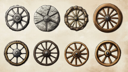 Fototapeta premium Vector hand drawn illustration of the wheel evolution set. Set in ink hand drawn style. stone, antique wooden, spoked, steel, modern alloy wheels