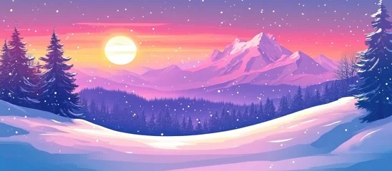 Fototapete Scenic winter landscape of snow-dusted mountains under a vibrant sunrise with pine trees in the foreground. © Holo Frame