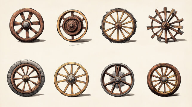 Vector hand drawn illustration of the wheel evolution set. Set in ink hand drawn style. stone, antique wooden, spoked, steel, modern alloy wheels