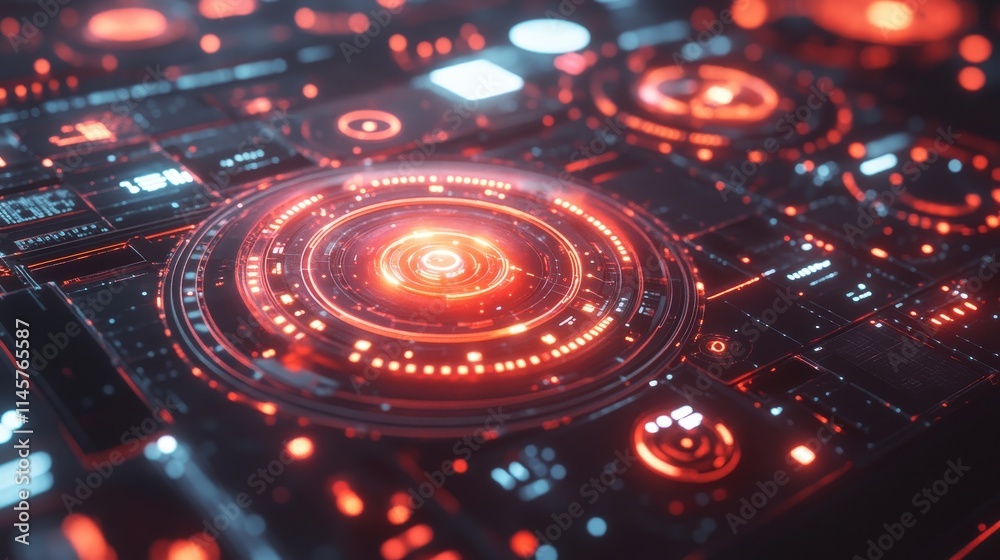 Poster a close-up of a futuristic technological interface glowing with red and blue lights. the intricate d