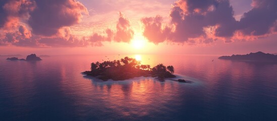 Fototapeta premium Serene sunrise illuminating an isolated tropical island surrounded by calm waters and vibrant clouds in a peaceful natural landscape