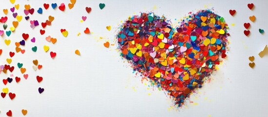 Obraz premium Colorful heart-shaped confetti background on white surface ideal for celebrations and romantic themes in events and design projects.