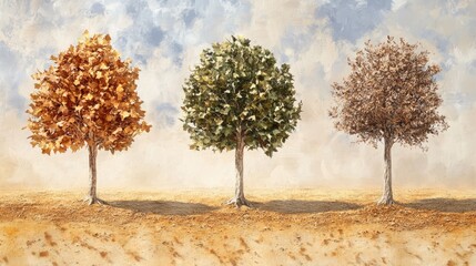 Obraz premium Trees transitioning through seasonal changes with dried leaves illustrating summer's impact on nature's cycles.
