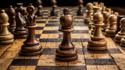 Intricately Carved Chess Pieces on a Wooden Chessboard