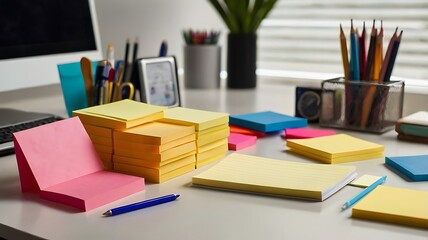 Colorful Sticky Notes and Office Supplies Neatly Arranged on a Desk
