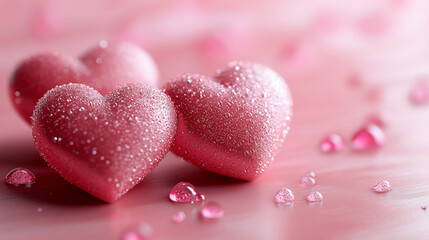 Obraz premium Valentine's Day card design with three glossy pink candy hearts on a soft pink background with plenty of space for text