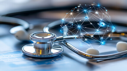 Healthcare innovation stethoscope and data visualization medical office digital technology close-up progress and connectivity