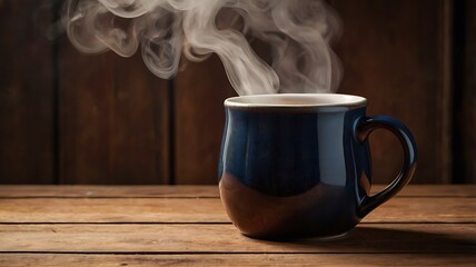 Steaming Ceramic Mug on a Wooden Table with Cozy Backdrop