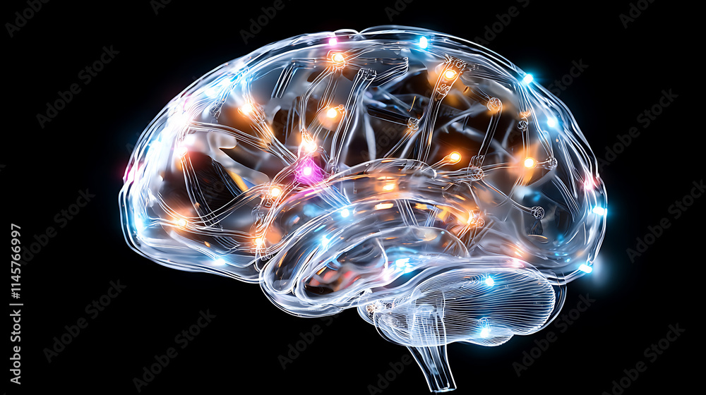 Poster exploring brain connectivity through light patterns science lab digital visualization dark environme